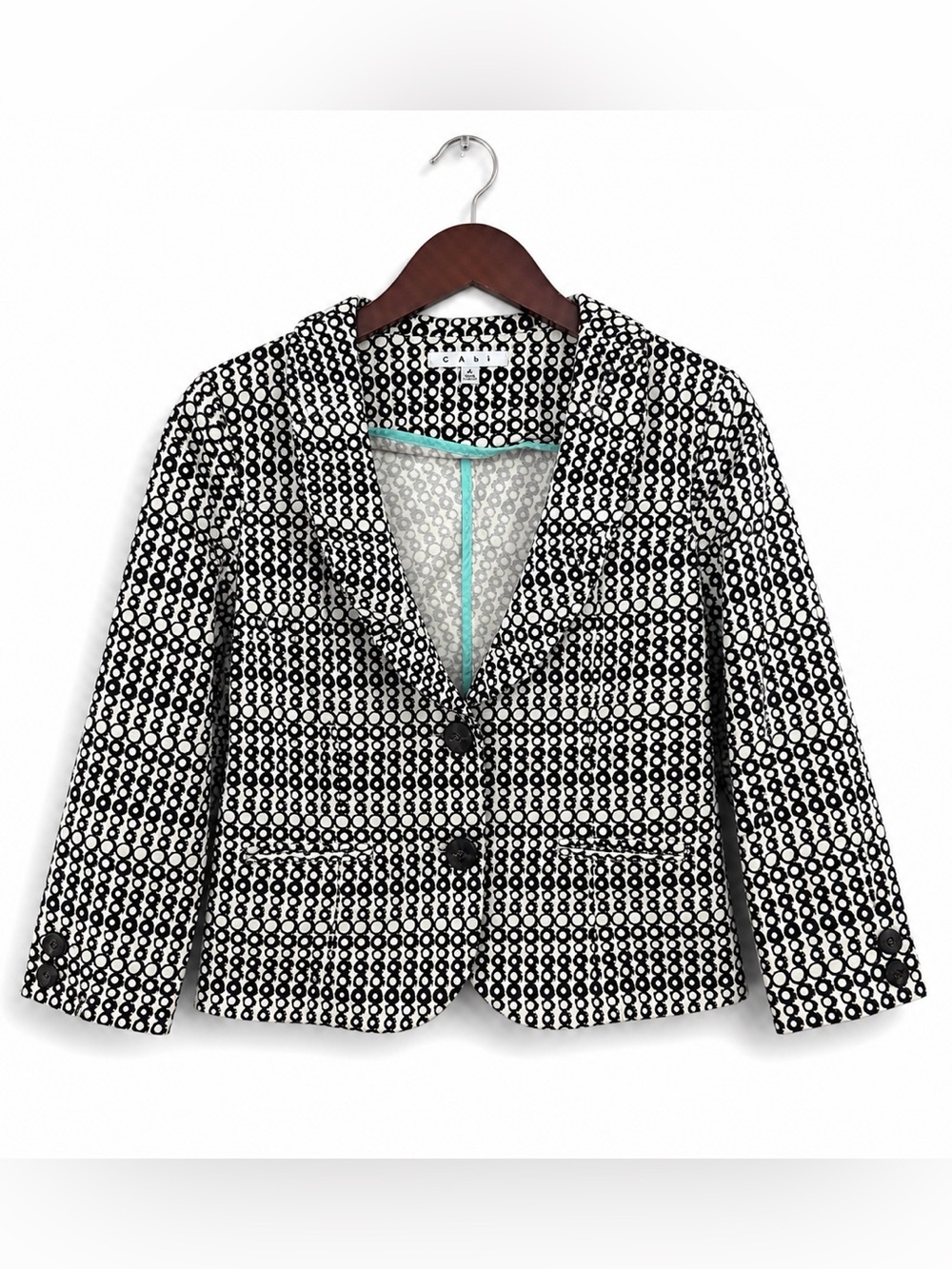 CAbi Du Jour Blazer Size 4 Black Cream Geometric Circle Print Cropped